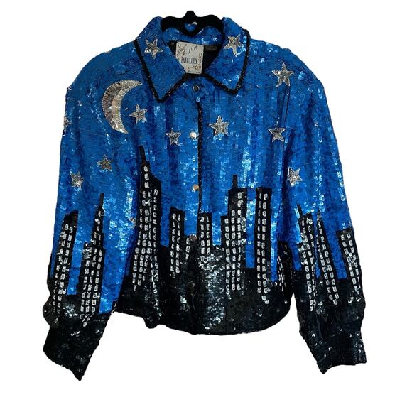 Vintage Just Fabulous Starry Night City Scene Full Sequin Jacket Medium AS IS - Picture 1 of 6